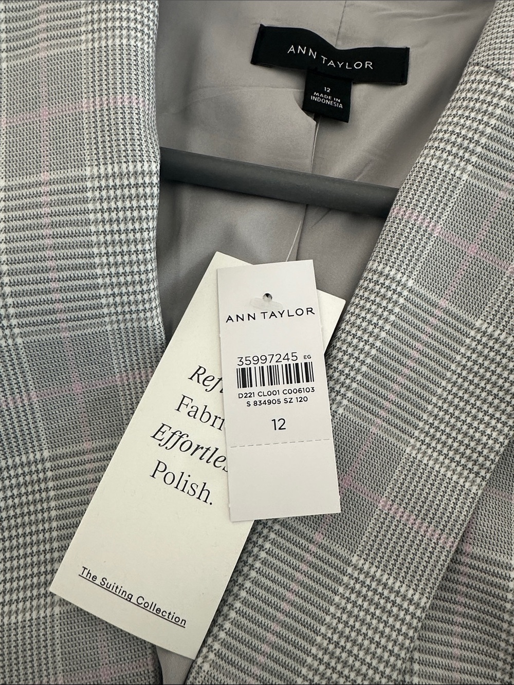 Ann Taylor Gray Glen Plaid Blazer with Pink Windowpane